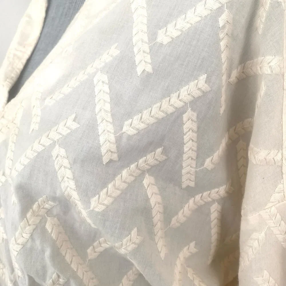 Odile Anthropologie Cream Embroidery Puff Sleeve Blouse Top Tie Waist Sz 3 / XL
